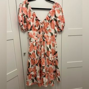 Midi/knee length pink, green and white floral dress, size small, Beulah